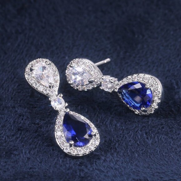 🎁 Noble Water Drop Royal Blue And White Pear Zircon Stud Earrings, UNVN12417 - Picture 3 of 7